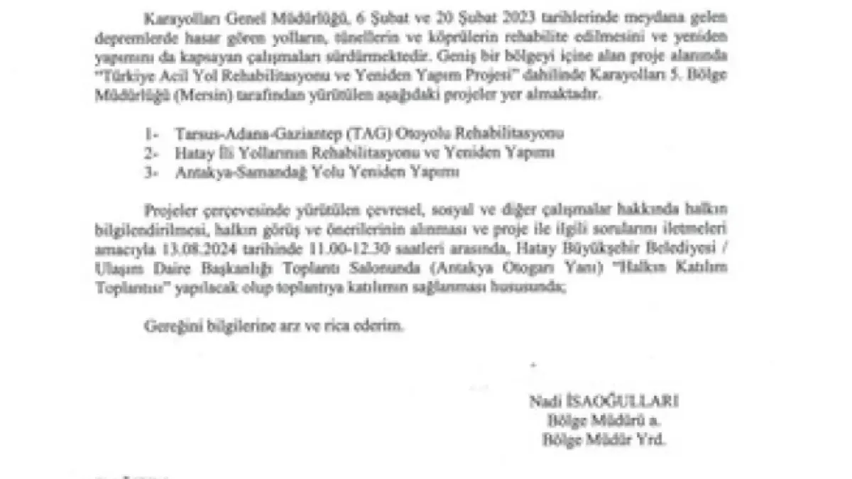 Karayolları Genel Müdürlüğü'nden Halkın Katılımı Toplantısına Davet.