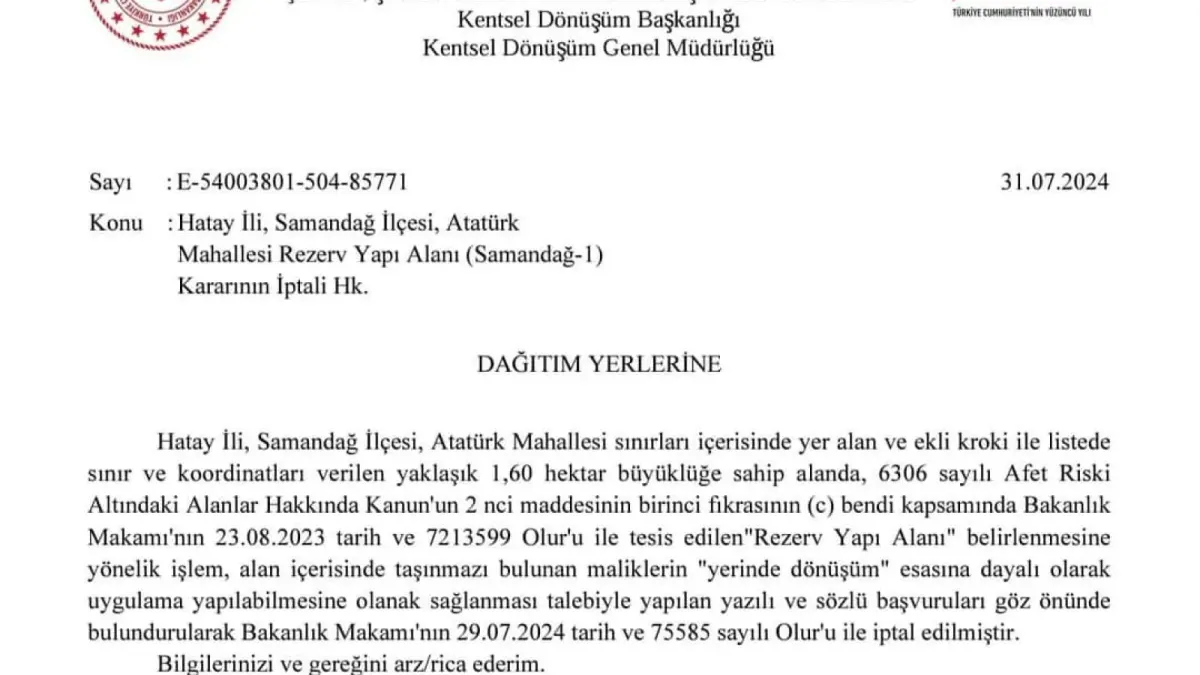 Samandağ' da Rezerv Alanın Kalktığı Resmi Yazıyla Kesinleşti.